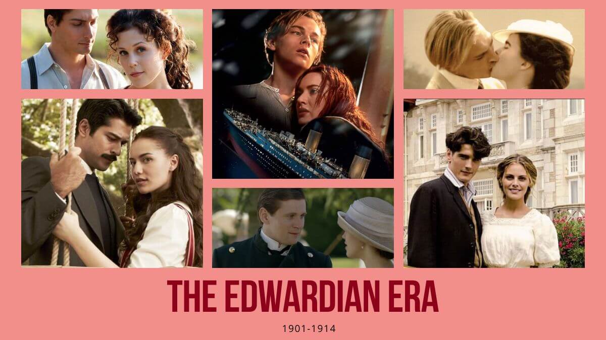 The Edwardian Period Drama Reviews (1901-1914). Photo shows a collage of period dramas and a pink background.