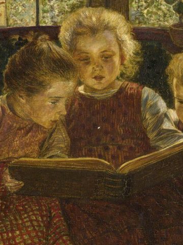 "The Fairy Tale" by Walter Firle. Three young girls reading a book.