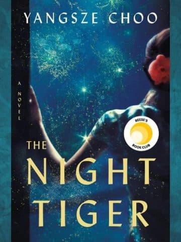 The Night Tiger book review featured image showing the book cover and a blue Victorian background