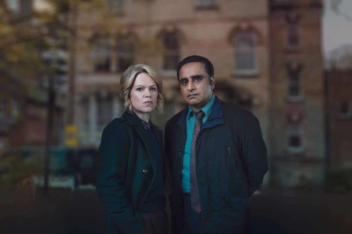 Unforgotten Season 5 promo image with DCI Jess James (SINÉAD KEENAN) & DI Sunny Khan (SANJEEV BHASKAR).