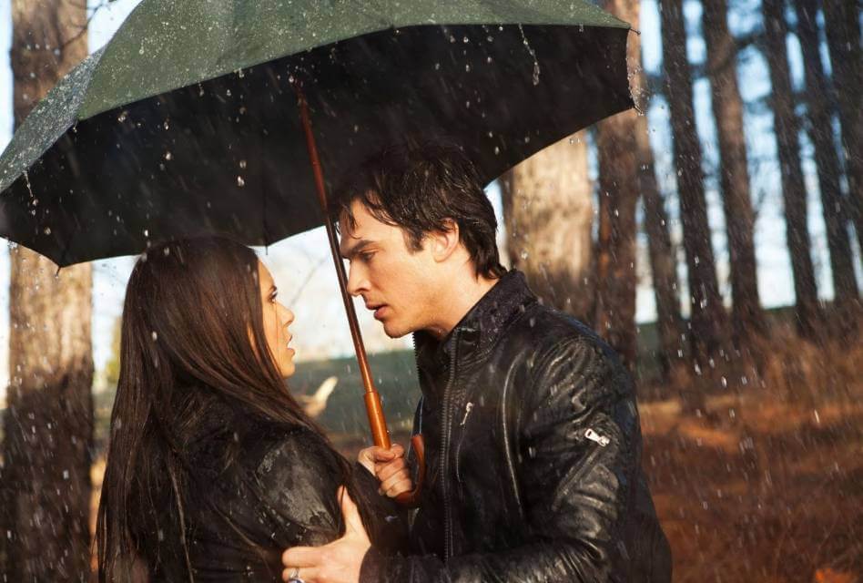 Damon and Elena in The Vampire Diaries.