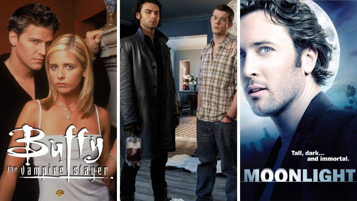 vampire tv shows collage: Buffy, Being Human, and Moonlight