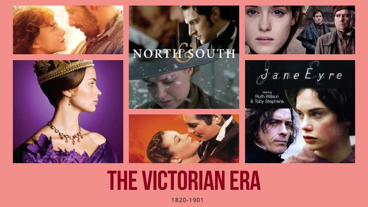 Pre-Victorian and the Victorian Era (1820-1901) Period Drama Reviews. Picture shows a collage of period dramas and a pink background.