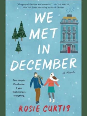 We Met in December book review image showing the book cover and a Christmassy green background