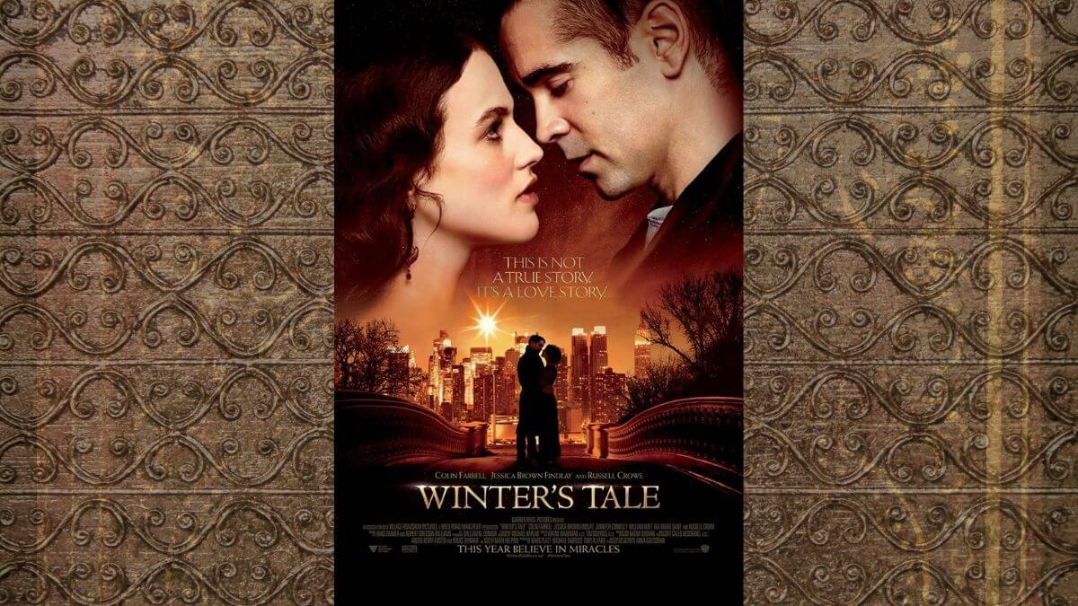 Featured image for Winter's Tale Review. The picture shows the movie poster with a gold pattern background.