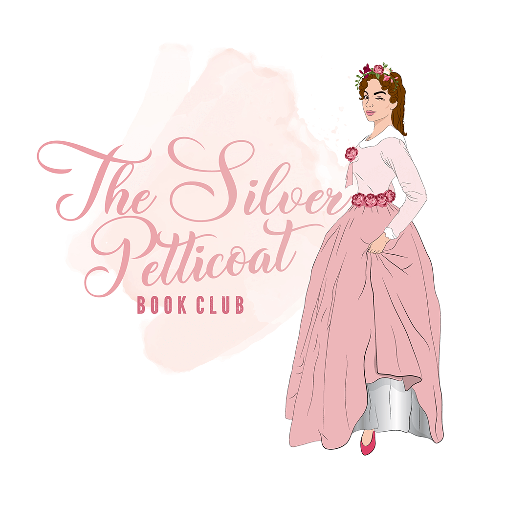 silver petticoat book club logo of a young woman wearing a silver petticoat