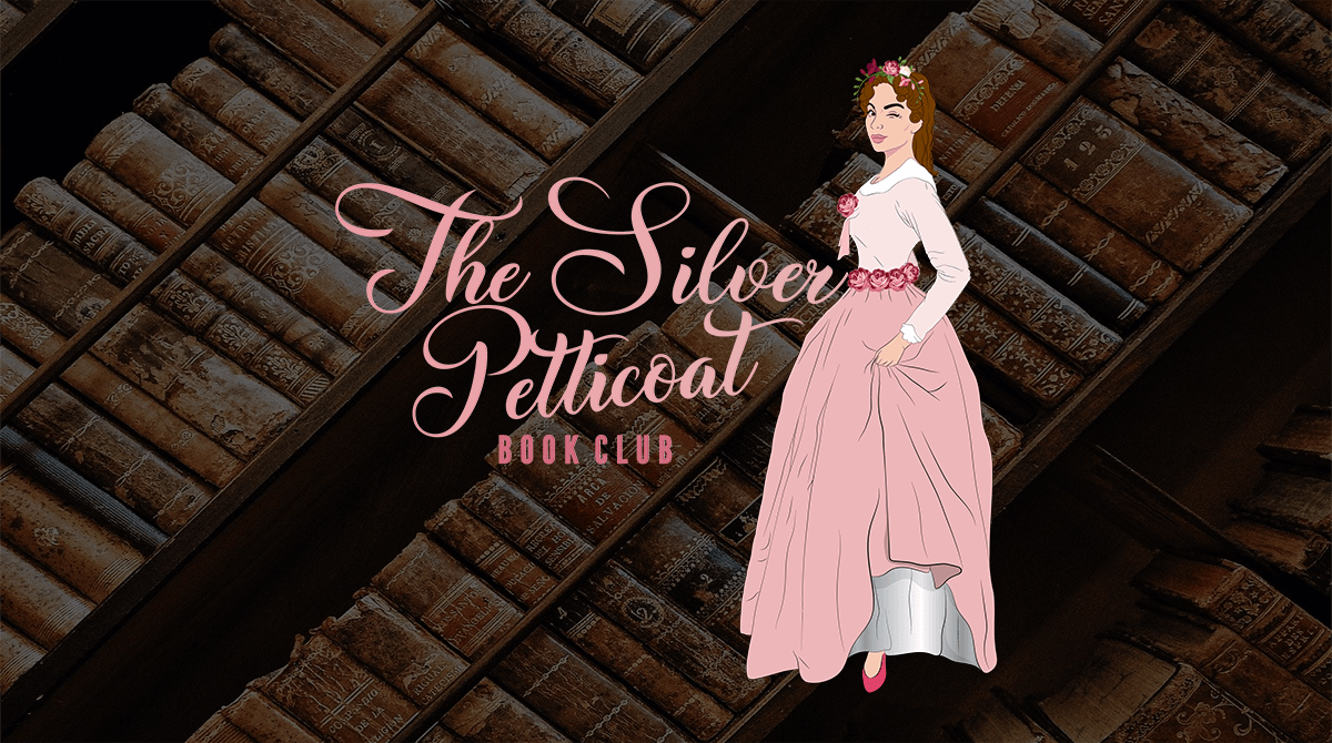 the silver petticoat book club logo with background of books