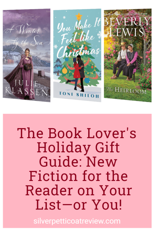 The Book Lover's Holiday Gift Guide: New Fiction for the Reader on Your List—or You!; featured image with collage of book covers and a silver, snowy background pinterest image with three book covers